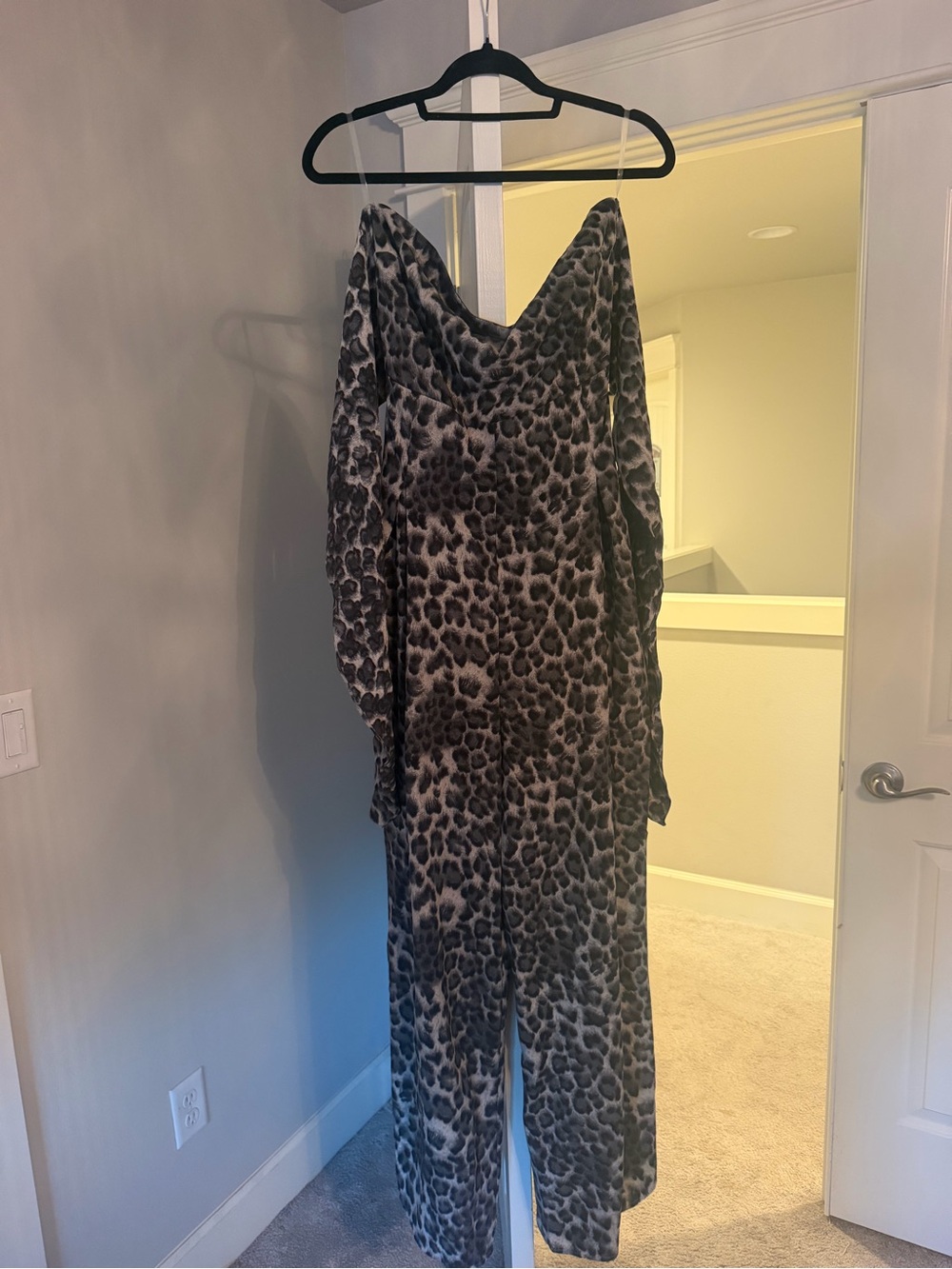 HYFVE Leopard Print Off-Shoulder Jumpsuit in Black and Gray